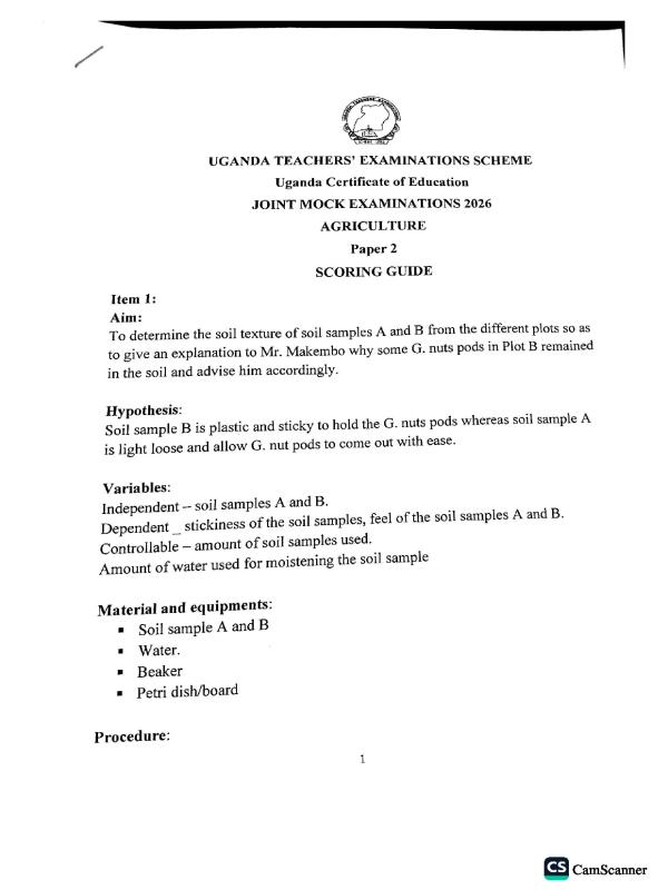 UTES Joint Mock Agriculture Paper 2 2026 (O-Level)