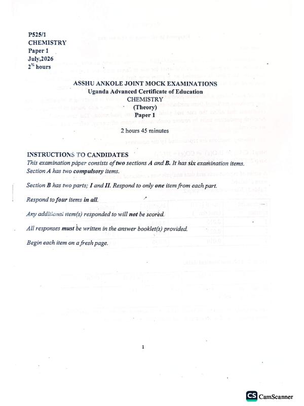 ASSHU P525/1 Chemistry Paper 1 2026 - UNEB A-Level