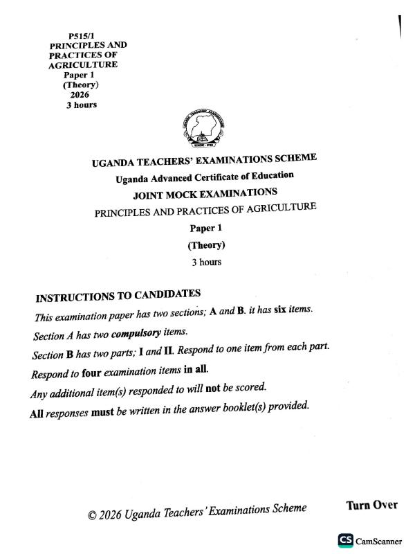 UTES Joint Mock Examination 2026: A-Level Agriculture Paper 2