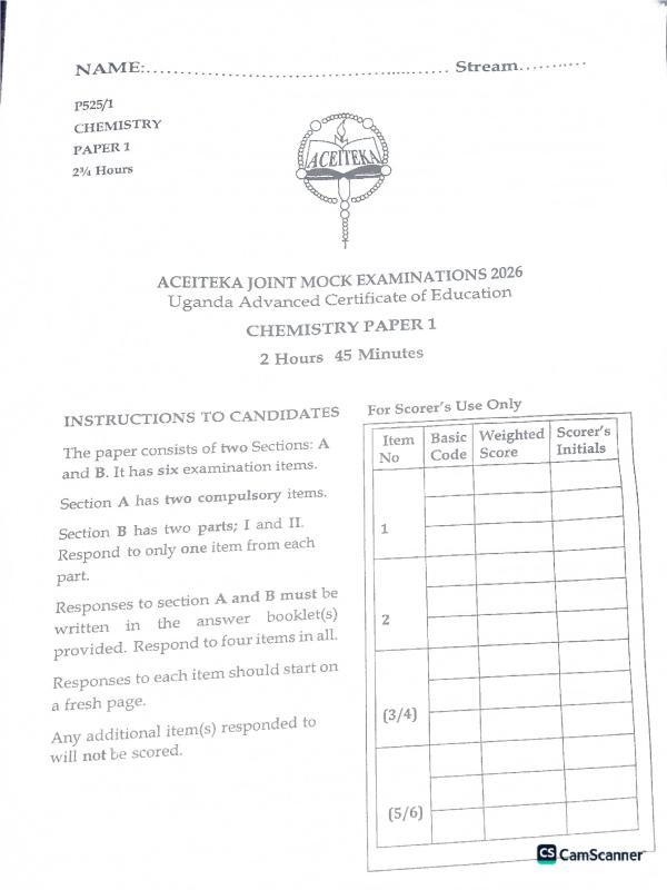 Aceiteka Chemistry Paper 1 Mock Exam - 2026