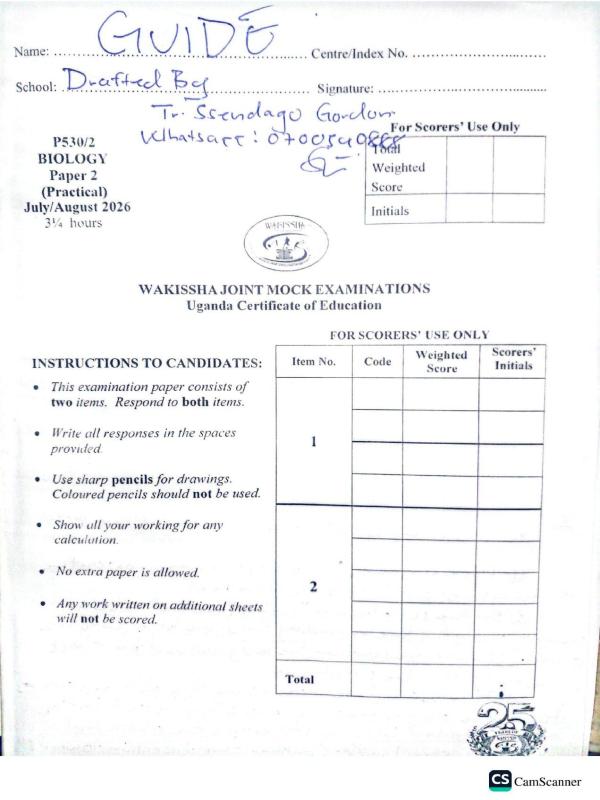 Wakissha Biology Paper 2 Scoring Guide 2026 - Uganda Curriculum