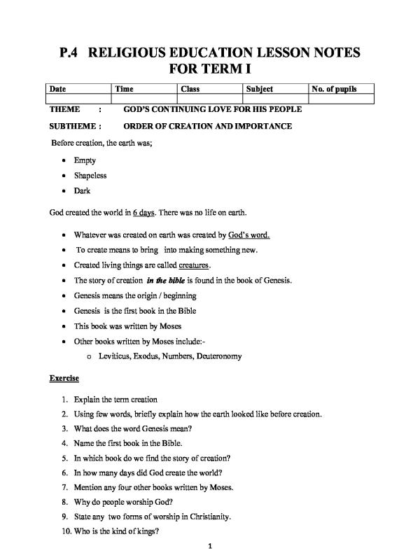 Primary four Re lesson notes.