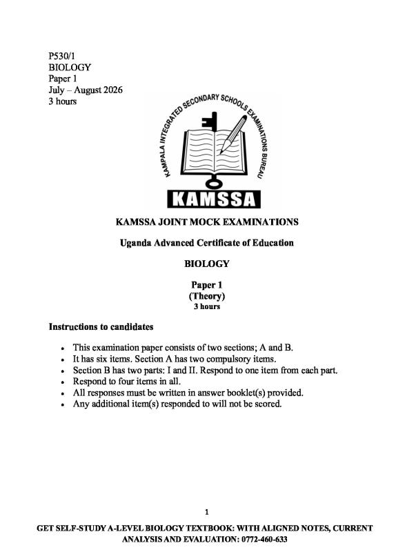 Biology paper 1 KAMSA Joint Mock Examination Marking & Score Guide 2026