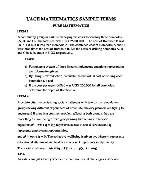 UNEB A-Level Pure Mathematics Exam Item Bank (S5 & S6)