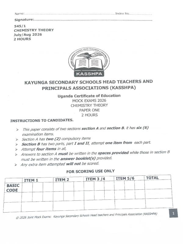 KASSHPA Chemistry UCE Mock Examination Paper 2026