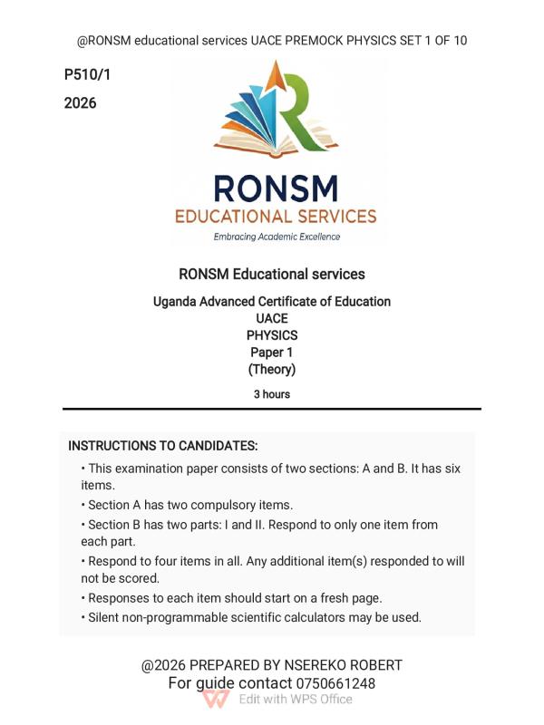 UNEB Physics Paper 1 Pre-Mock Examination 2026