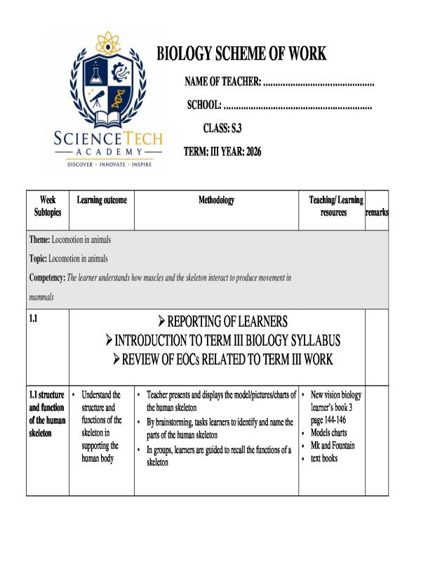 Senior Three (S3) Biology Term III Scheme of Work