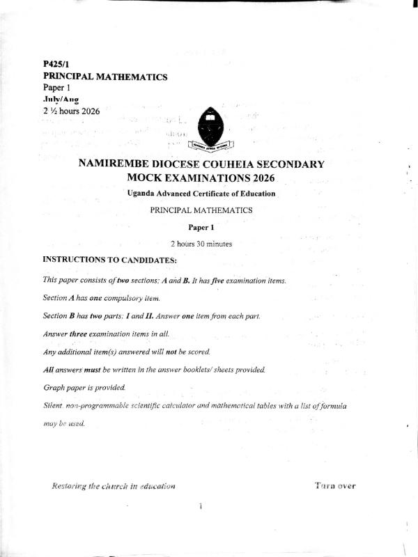 Namirembe Mock Mathematics Paper 1 (UACE 2026)