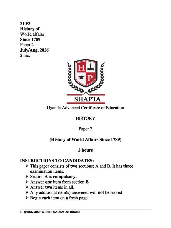 S6 History Paper 2 SHAPTA Joint Mock Examinations 2026