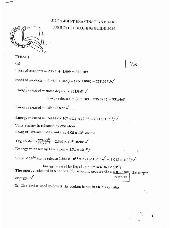 UACE JJEB PHYSICS SCORE GUIDE 2026