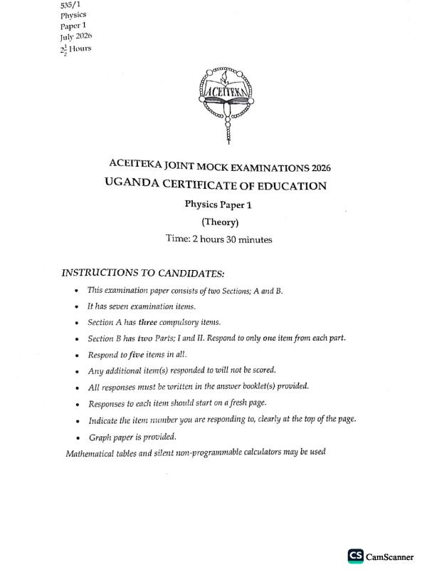 S4 Physics Paper 1 ACEITEKA Mock Exam 2026 with Guide