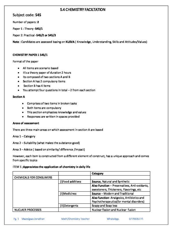 UNEB Senior Four Chemistry Facilitation Items | S4 Study Resource