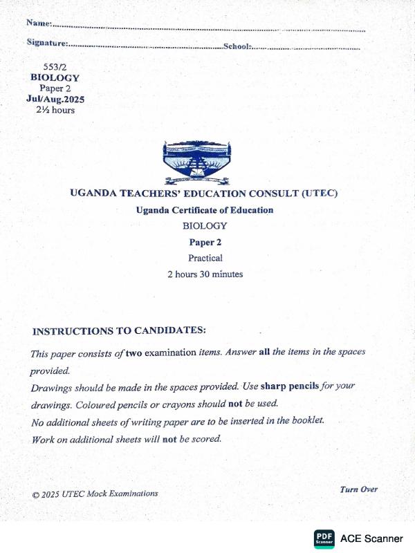 UCE UTEC Biology Paper 2 Revision Assessment