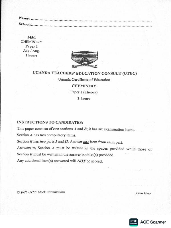 UCE Chemistry Paper 1 - Uganda Certificate of Education Past Papers