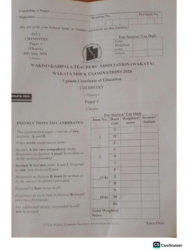 UCE Chemistry Wakata Mock Examination Paper
