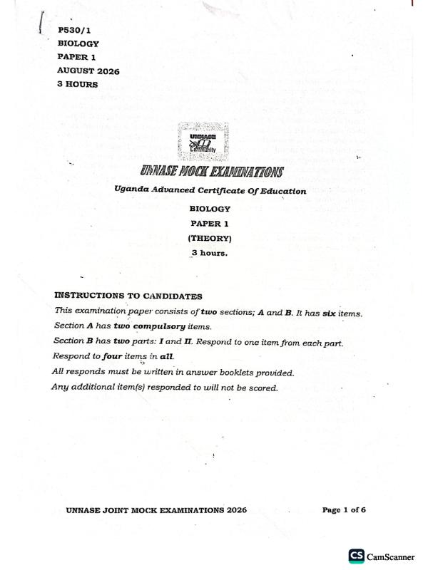 UNNASE UACE Biology Paper 1 Mock Exam Resource