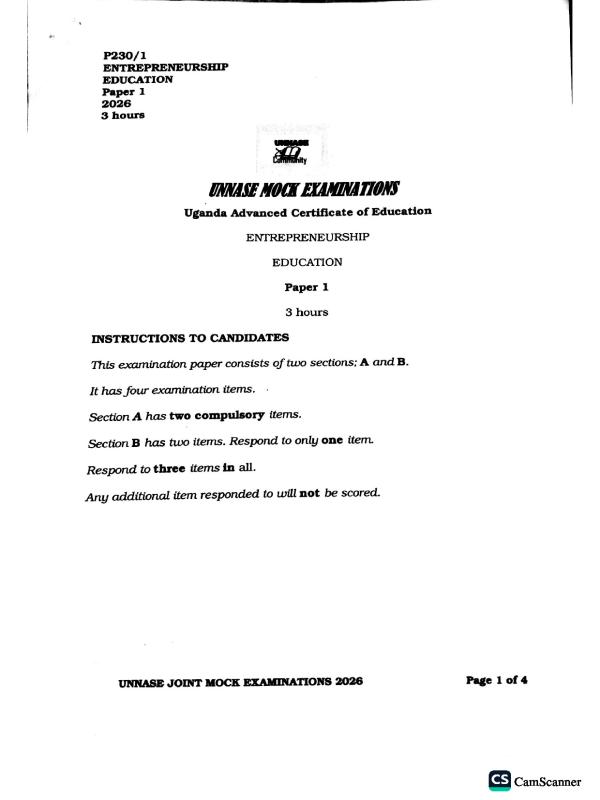 UNNASE UACE Entrepreneurship Paper 1 (2026)