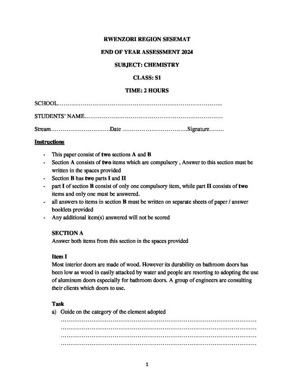 Senior One Chemistry Rwenzori SESSEMAT Examination Paper 2024