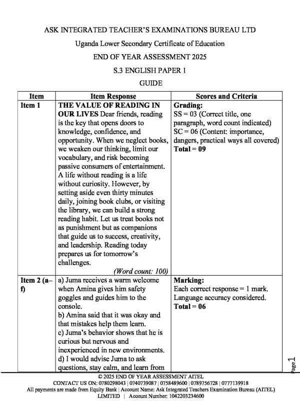 SENIOR THREE ENGLISH SCORE GUIDE
