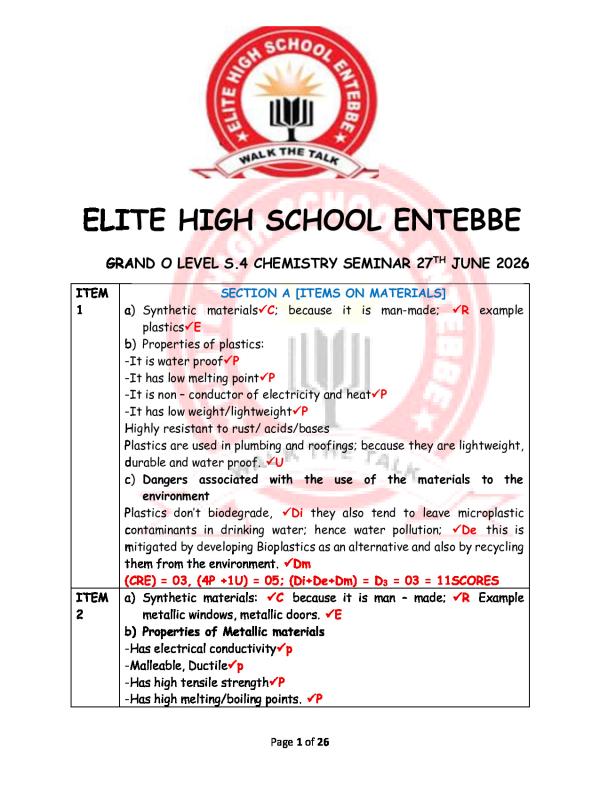 Elite Senior Four (S.4) Chemistry Seminar Solutions