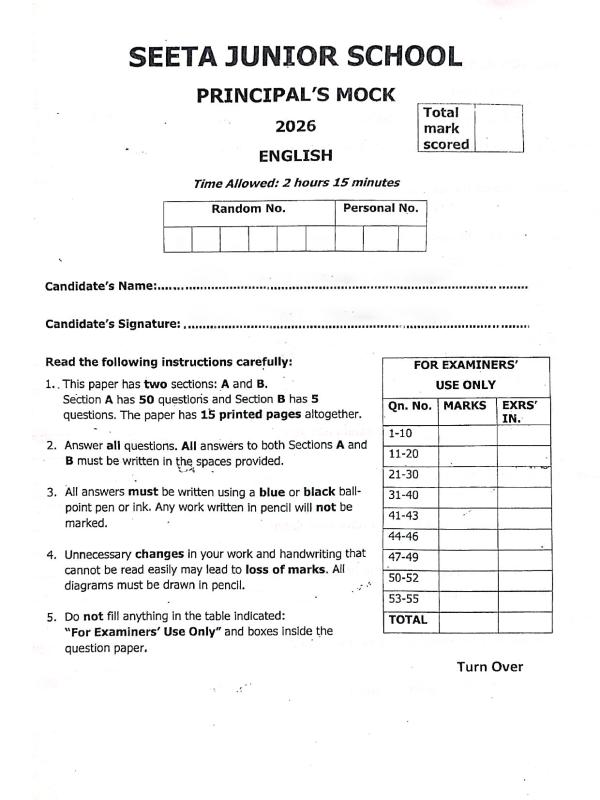 Seeta Junior School English Principal's Mock Exam