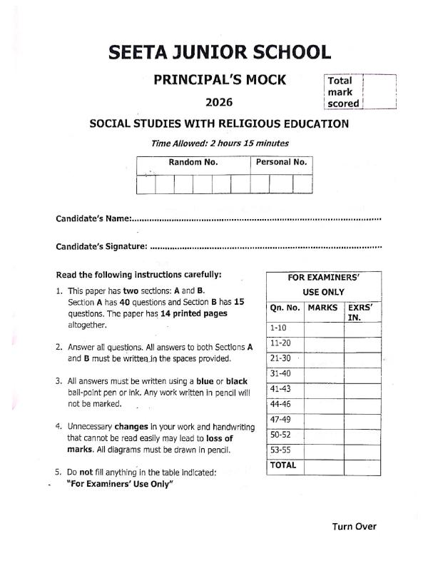 Seeta Junior School SST Principal's Set Mock 2026