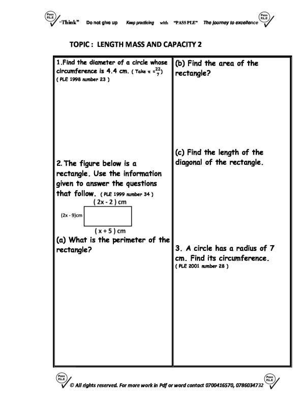 LENGTH MASS AND CAPACITY, PLE Past Questions only