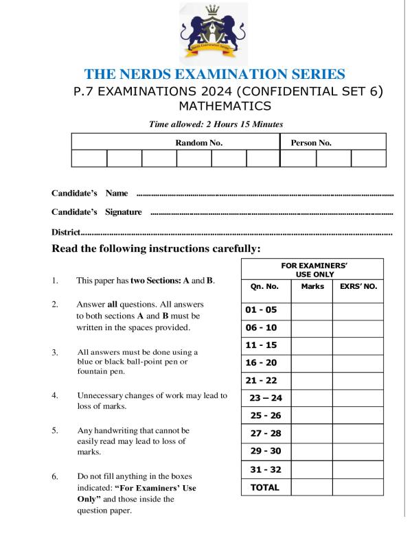 P.7 Mathematics Paper  confidential Set 6