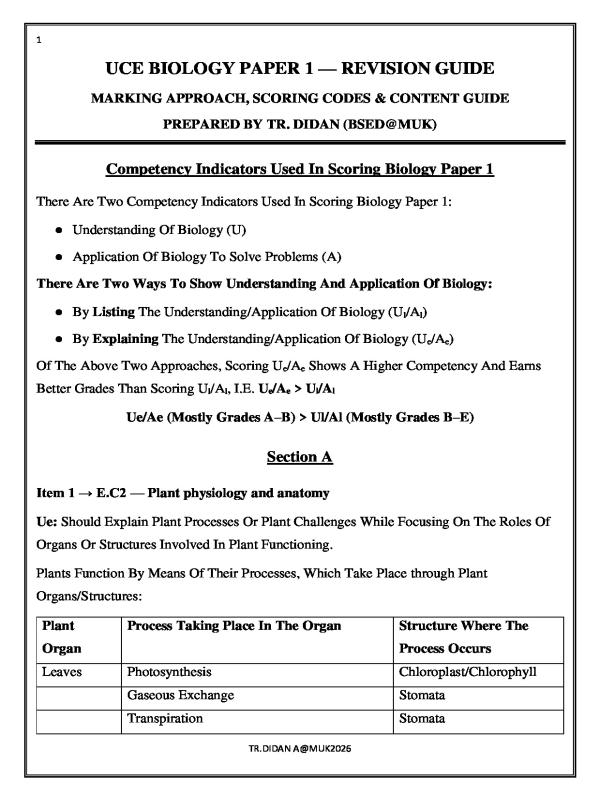 UCE BIOLOGY PAPER ONE INSTRUCTIONAL GUIDE 2026 TR. Didan