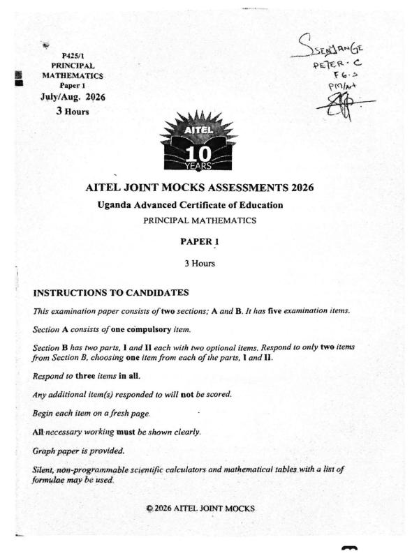 UACE AITEL Mock Mathematics Paper 1 (MTC 1) 2026