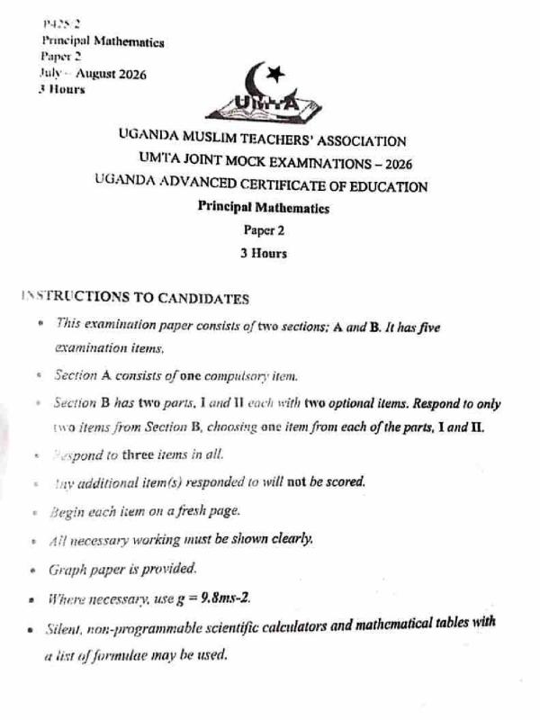 UACE UMTA MOCK Mathematics Paper 2 (MTC2) - UMTA Mock Exam 2026