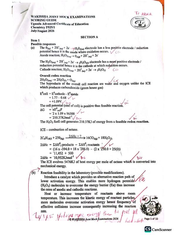 Senior Six Chemistry paper one mock collections