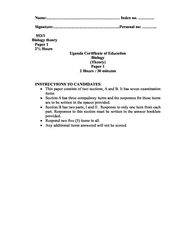 Biology mock resource paper one