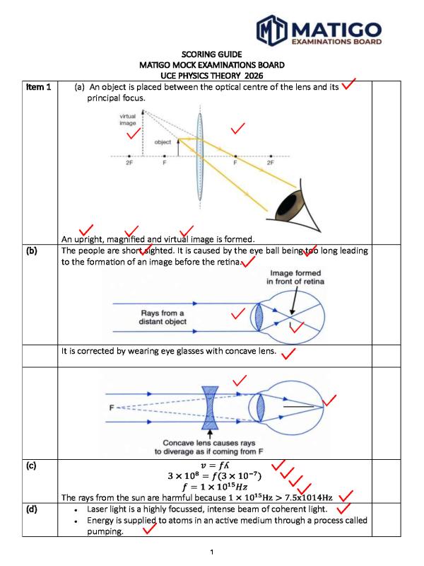 UCE Physics Paper 1 Scoring Guide 2026 - Matigo mock