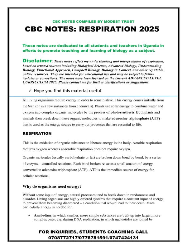 CBC A-Level Biology: Respiration Topic Study Notes