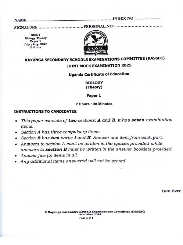 KASSEC Biology Paper 1 (UCE) - Uganda Certificate of Education 2025