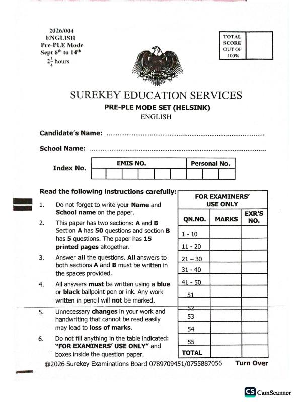 P.7 Pre PLE English Sure key moderated set(Helsink) 2026