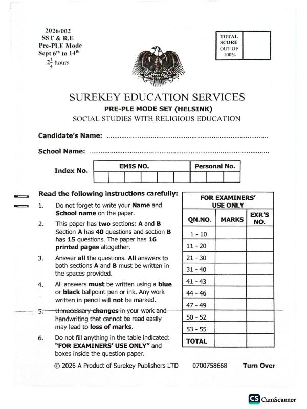 P.7 Social studies Pre PLE Sure key moderated set (Helsink) 2026