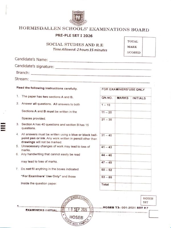 P.7 Social studies Pre PLE set one  2026 Hormisdallen schools