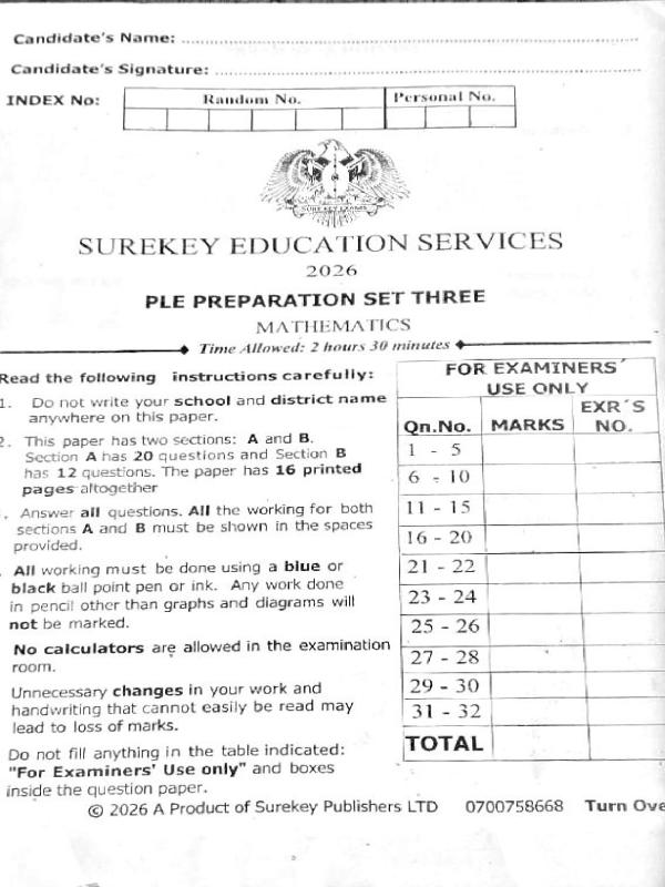 P.7 Mathematics Pre PLE  set Three 2026 Sure key examinations board