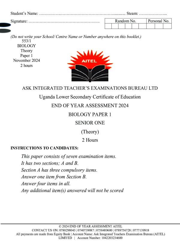 S.1  AITEL Biology Assessment Paper 1