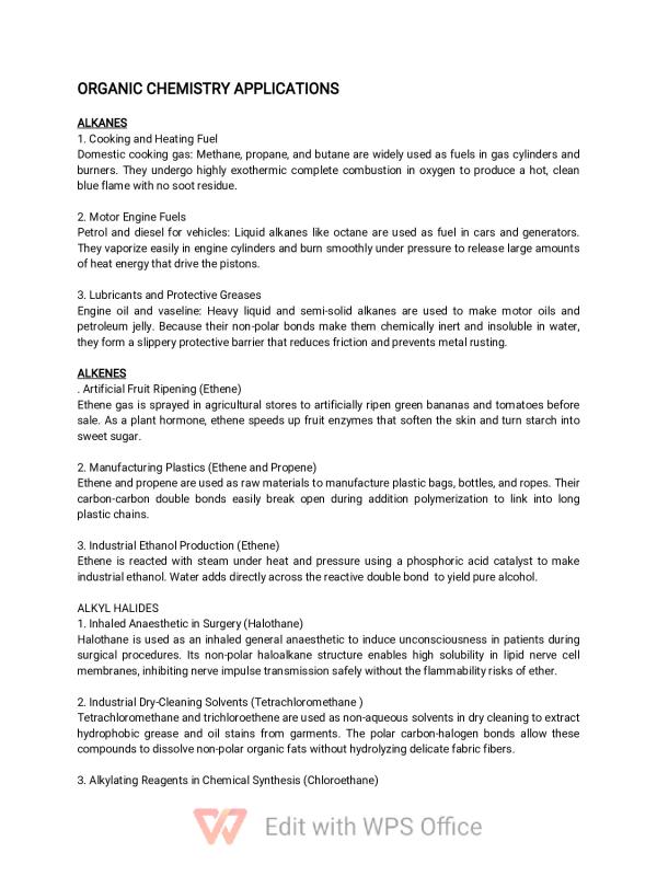 Applications of Organic Chemistry Notes - UNEB S5 & S6 Chemistry