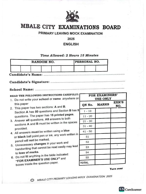 Mbale City Examinations Board Primary Leaving Mock Examinations 2025 - English