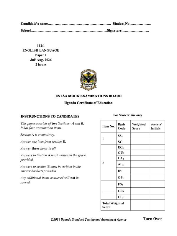 USTAA Mock Examination Board UCE English Language Paper 1 2026