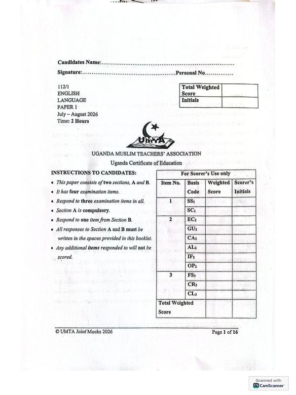 Uganda Muslim Teachers Association (UMTA) UCE English Paper
