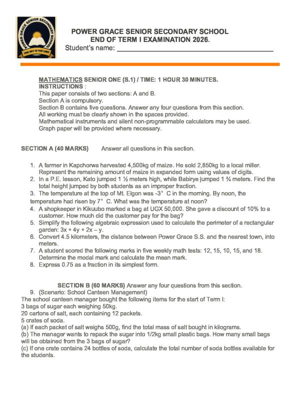 Senior 1 end of term 1 math exam