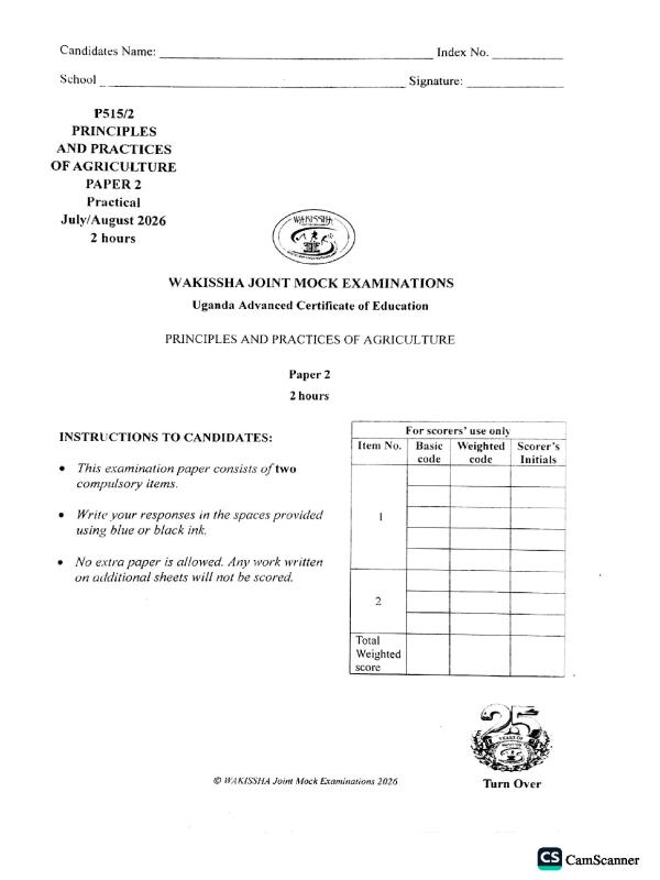 UACE Agriculture Wakisha Paper 2 (2026)