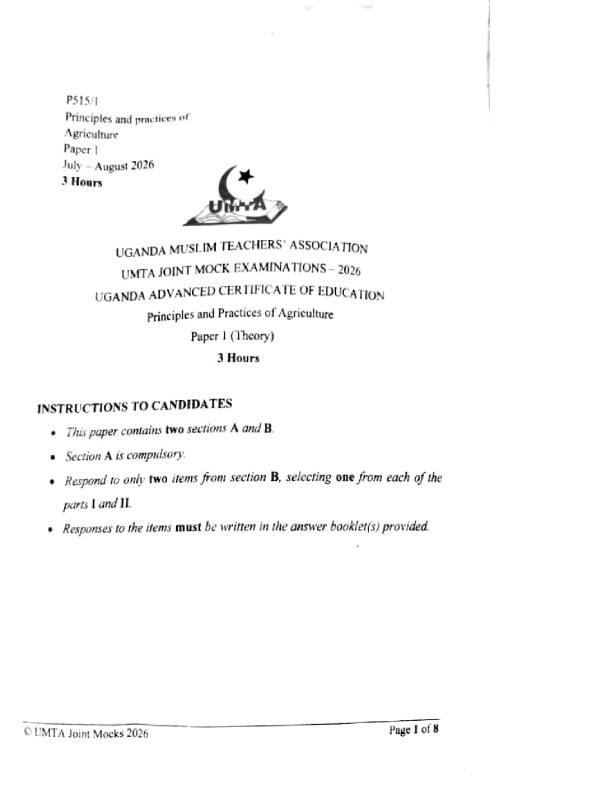 UMTA UACE Agriculture Paper 1 Mock Examination 2026