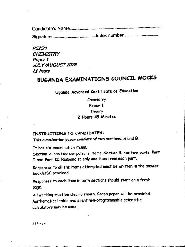 Buganda Examinations Council UACE Chemistry Paper 1 Mock Exam
