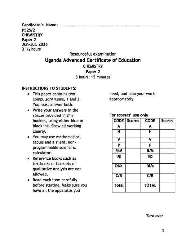 UACE Resourceful Exam Paper 1 (2026)